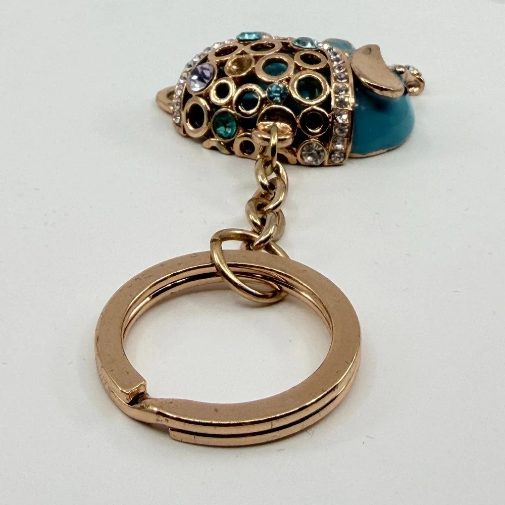 Vintage Teal Enamel Elephant Keychain with Gold Tone & Rhinestones